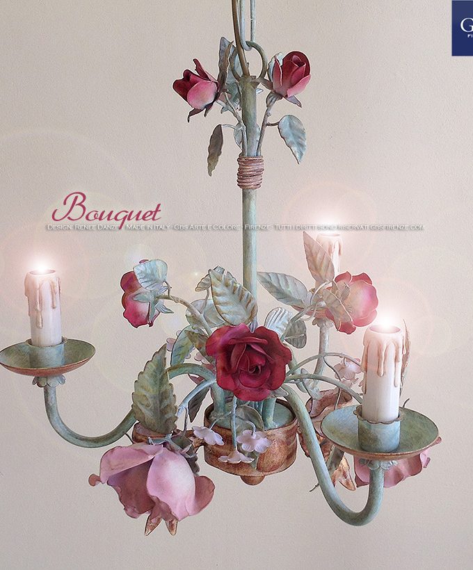 Lampadario Bouquet di rose a 3 Luci in Tempera GBS Ferro battuto e decorato a mano